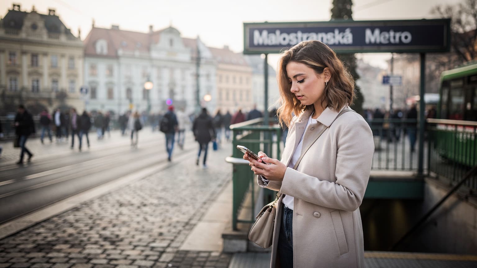 Mladá žena s chytrým telefonem v ruce kontroluje mapu u vchodu do stanice metra v rušné evropské metropoli s architekturou v pozadí.
