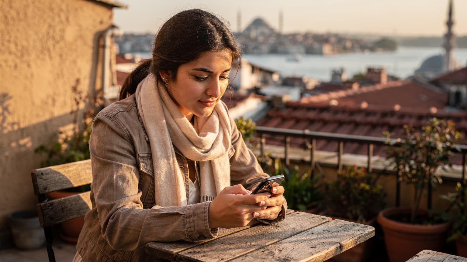 İstanbul'da tarihi bir Galata çatısında, genç bir kadın laptopu ve telefonuyla çalışırken, şehir manzarasının tadını çıkarıyor.