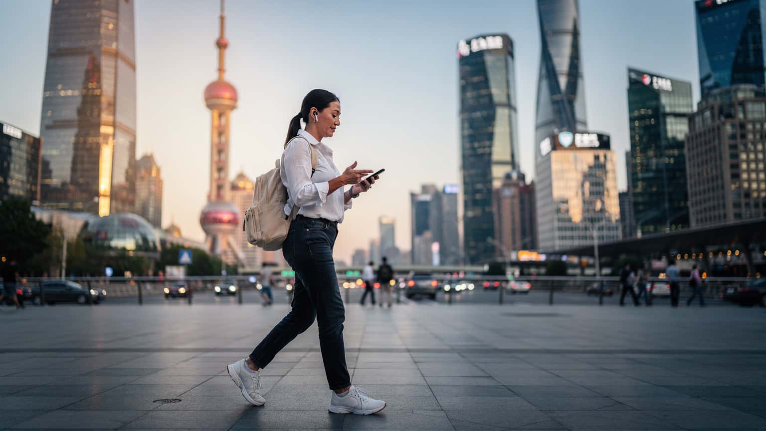 A woman confidently navigating her smartphone with an eSIM in Shanghai's Pudong financial district, surrounded by futuristic skyscrapers and a bustling street scene at dusk.
