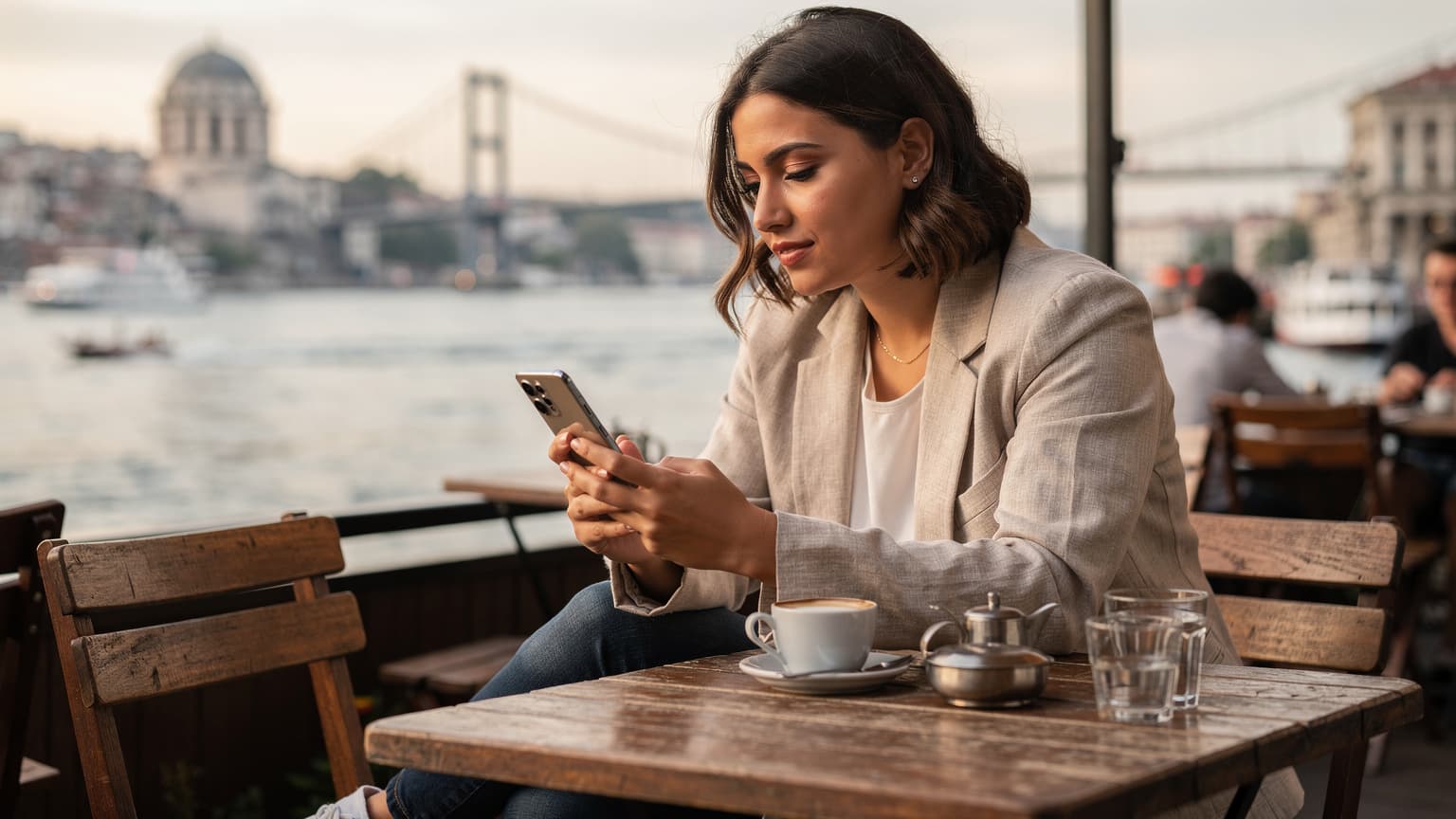 O femeie tânără, cu un Samsung S26 în mână, verifică harta pe telefon în timp ce stă la o masă pe terasa unui cafenele din cartierul Karaköy din Istanbul, cu vedere spre Bosfor și podul Galata, sub o lumină moale de dimineață.