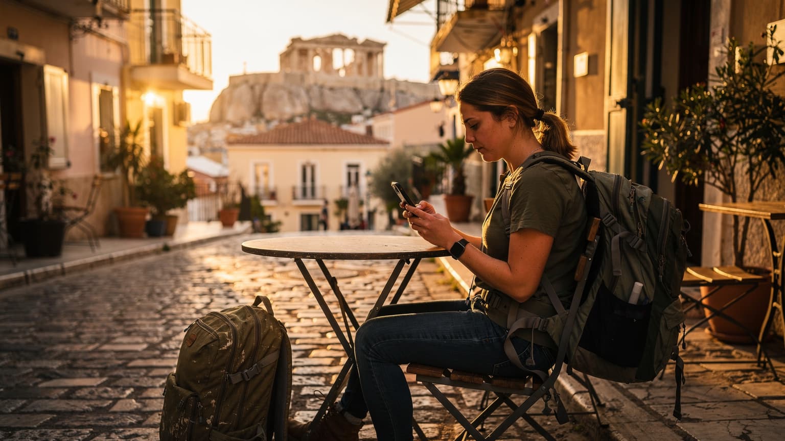 A budget backpacker checks their phone at a sun-drenched cafe in Plaka, Athens, with the Acropolis visible in the distance.