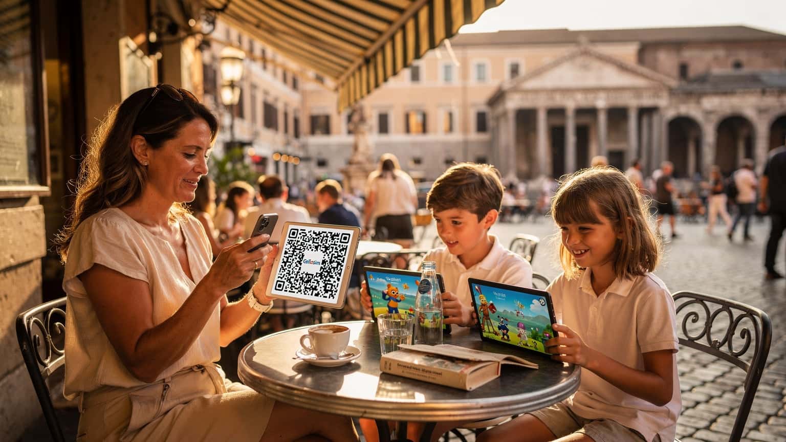 A mother and her two children, aged around 8 and 10, are sitting at an outdoor cafe in Rome, Italy, near the Pantheon, with the mother discreetly checking her phone for a data plan while the kids are engrossed in their tablets, enjoying a casual afternoon.