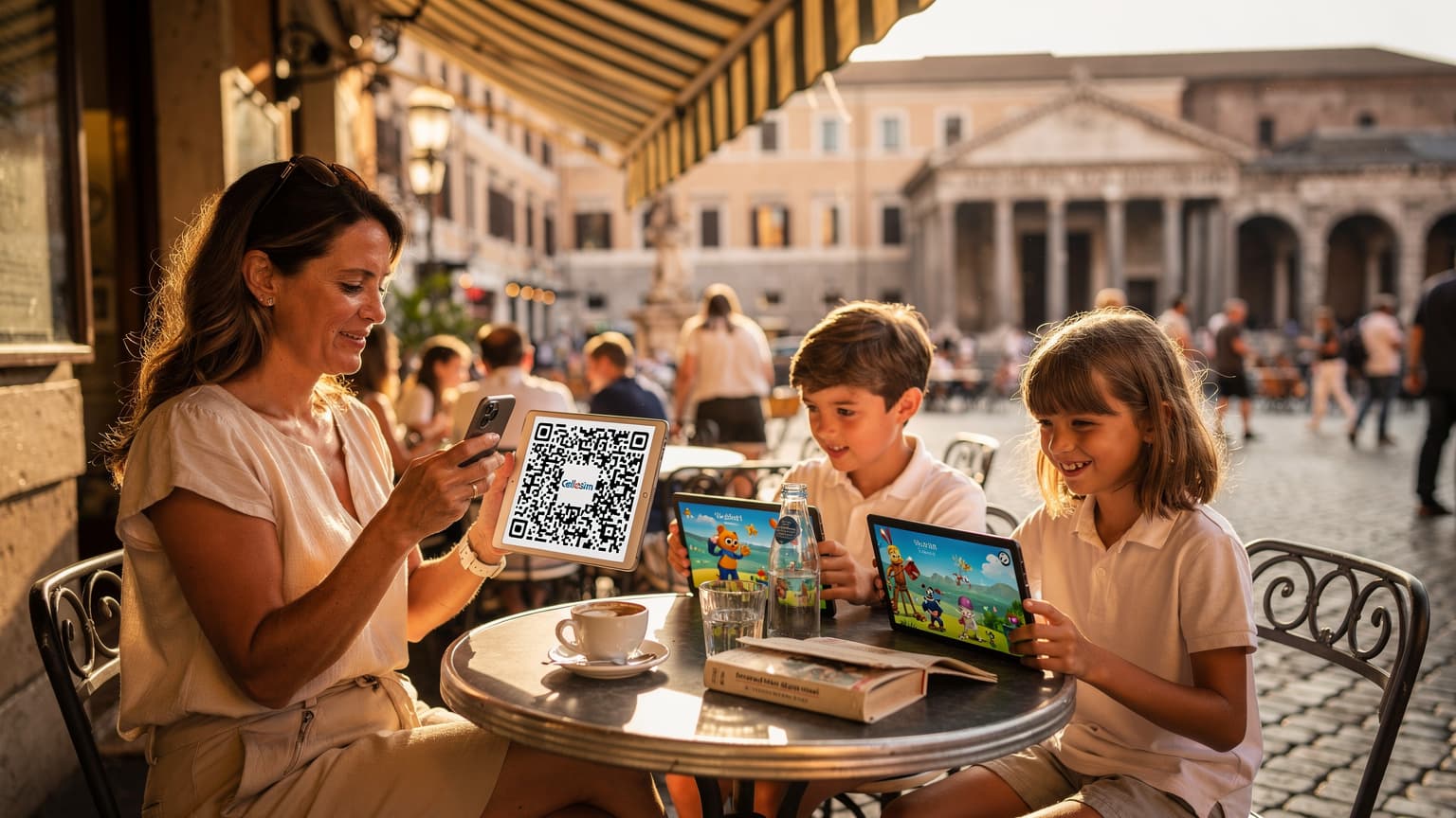 A mother and her two children, aged around 8 and 10, are sitting at an outdoor cafe in Rome, Italy, near the Pantheon, with the mother discreetly checking her phone for a data plan while the kids are engrossed in their tablets, enjoying a casual afternoon.