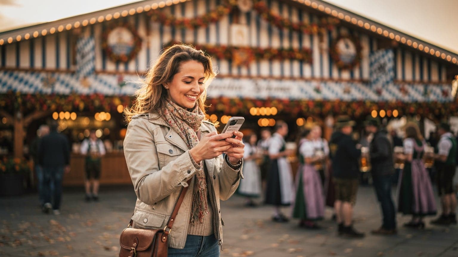 A traveler, wearing a cozy knit sweater, smiling while holding her smartphone showing a map, standing in front of a bustling beer tent at Oktoberfest in Munich during a vibrant autumn afternoon.