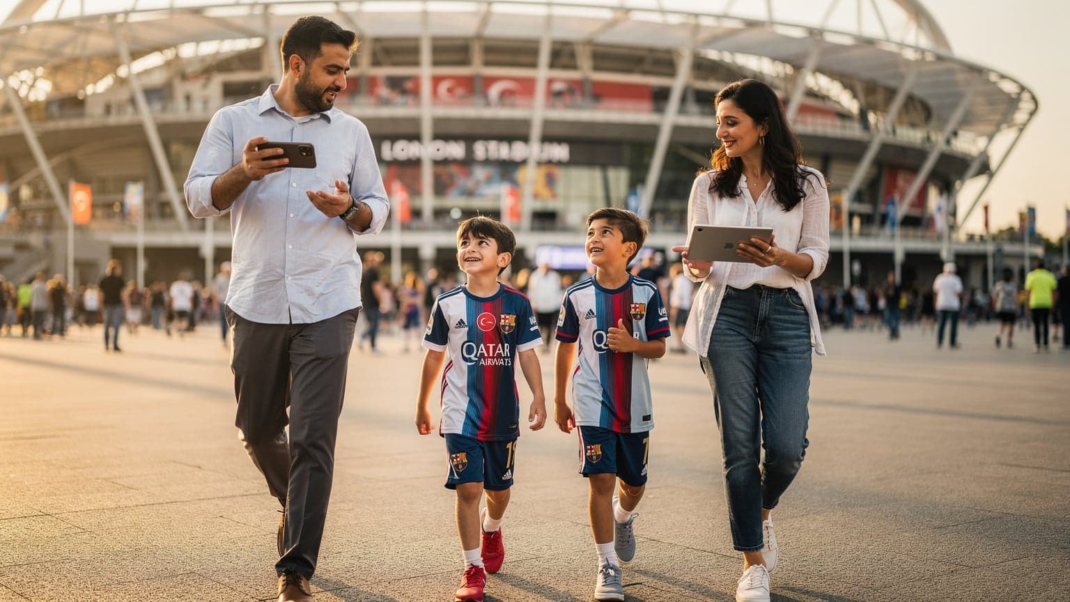 Londra Olimpiyat Parkı'nda güneşli bir öğleden sonra, üç Türk taraftar ailesi çocuklarıyla birlikte Euro 2028 maçına gitmek üzere stadyuma doğru yürürken gülümsüyor. Baba telefonundan haritayı kontrol ediyor, anne elinde bir tablet tutuyor.