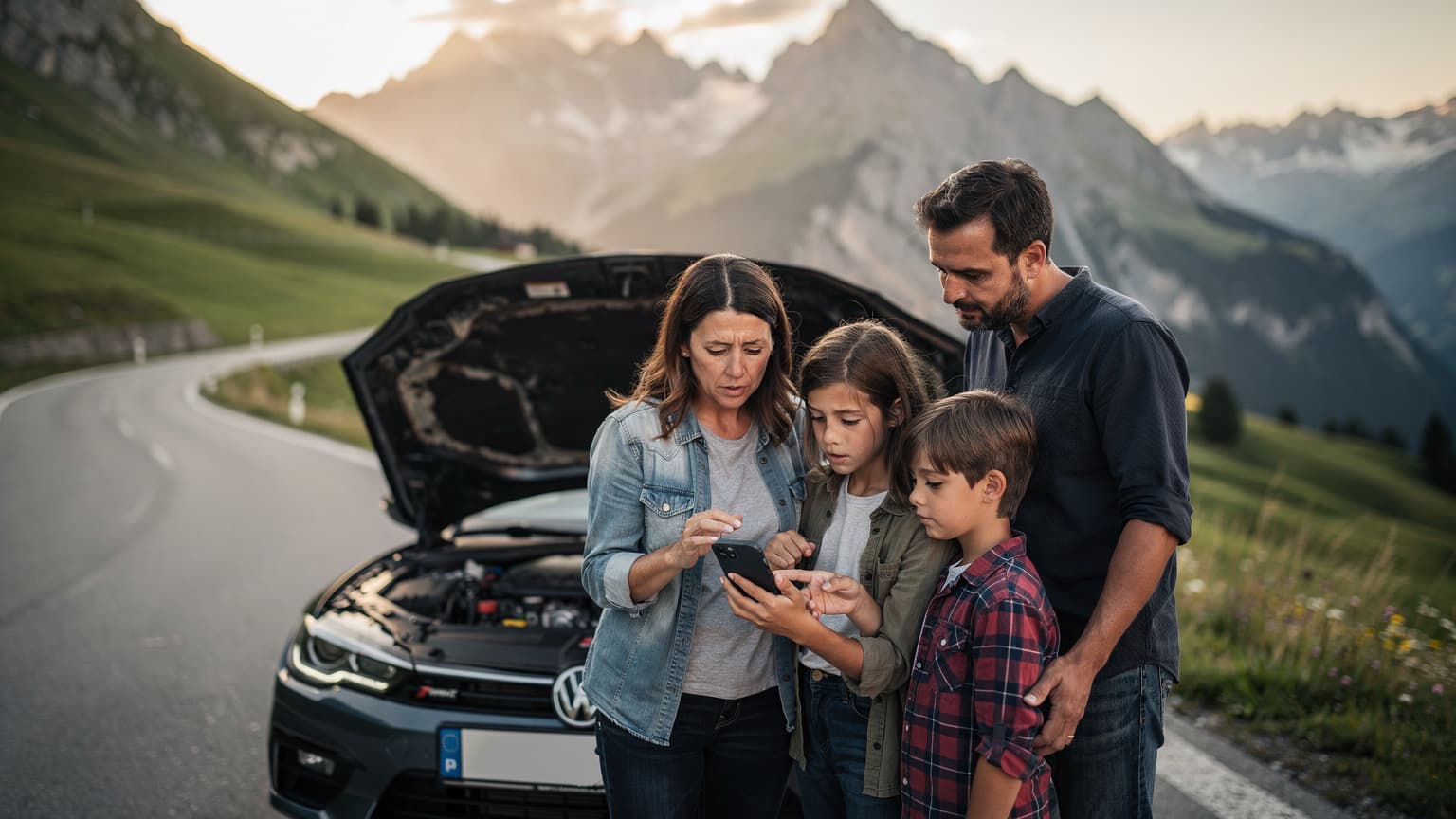 Eine Familie, bestehend aus Mutter, Vater und zwei Kindern, steht neben einem Auto mit geöffneter Motorhaube an einer malerischen Landstraße in den Alpen und schaut besorgt auf ein Smartphone, das eine ADAC-App anzeigt.