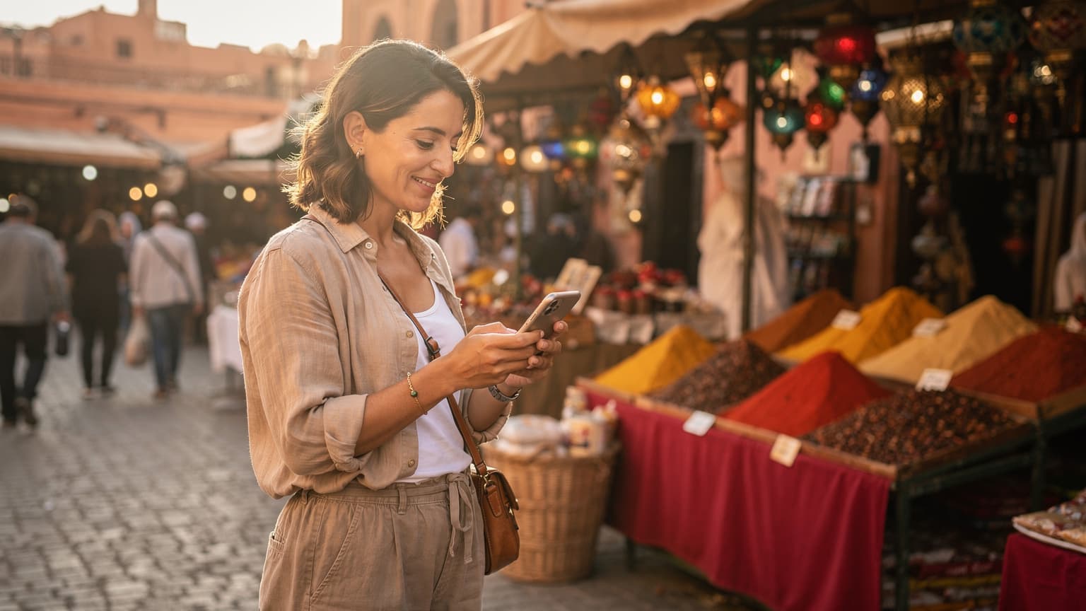 Una viaggiatrice italiana consulta il suo smartphone con un'espressione soddisfatta mentre si trova in un mercato vivace di Marrakech al tramonto, con bancarelle di spezie e lanterne illuminate sullo sfondo.