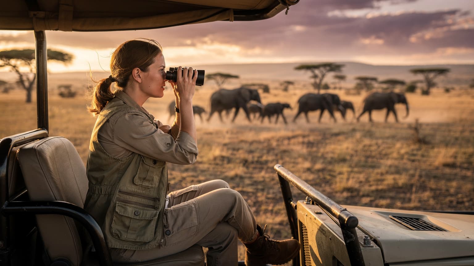 En kvinde sidder i en åben safarijeep med kikkert i hånden, observerer en flok elefanter i den afrikanske savanne under en gylden solnedgang.