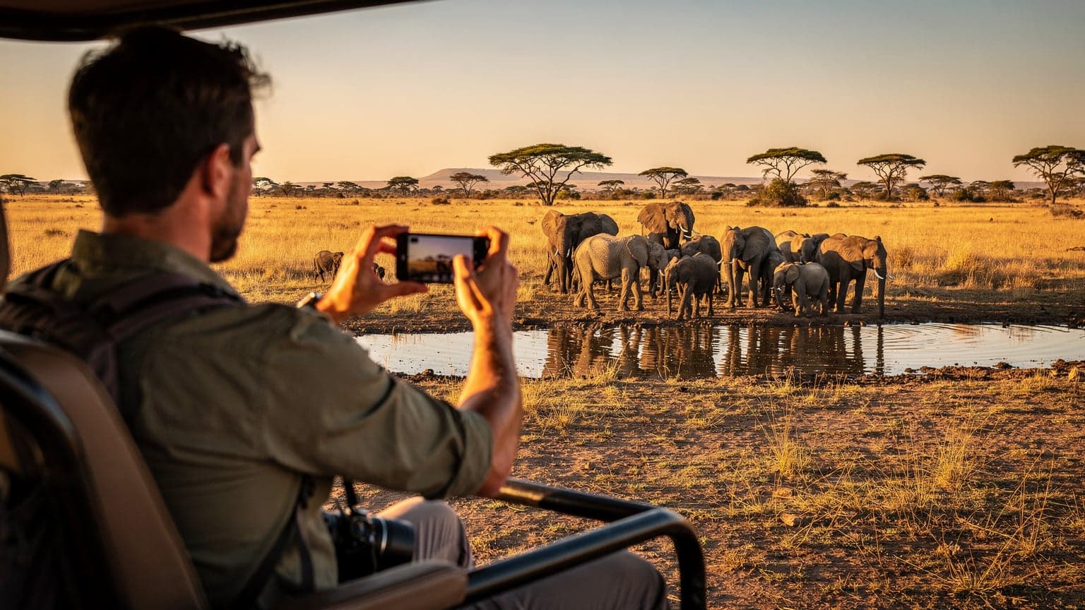 A traveler in a safari jeep, holding a smartphone with a Cellesim eSIM enabled, capturing a photograph of elephants at a watering hole in the vast Serengeti plains at sunset.