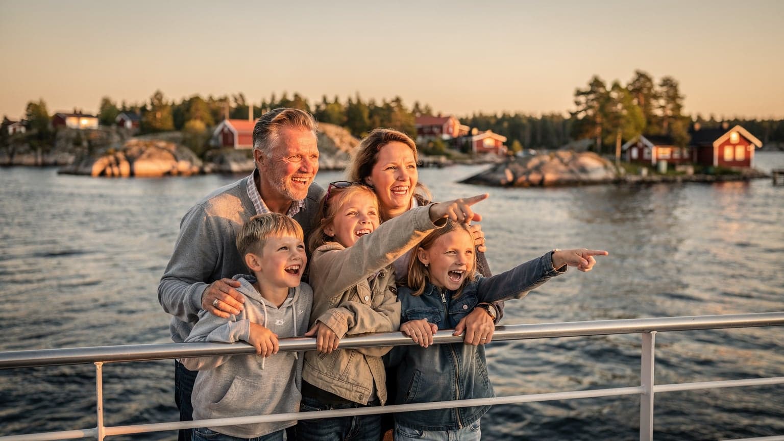 Een gezin, bestaande uit twee ouders en twee kinderen van ongeveer 8 en 10 jaar, lachend terwijl ze op een veerbootdek staan met de archipel van Helsinki op de achtergrond, de zon staat laag en werpt een gouden gloed over het water.