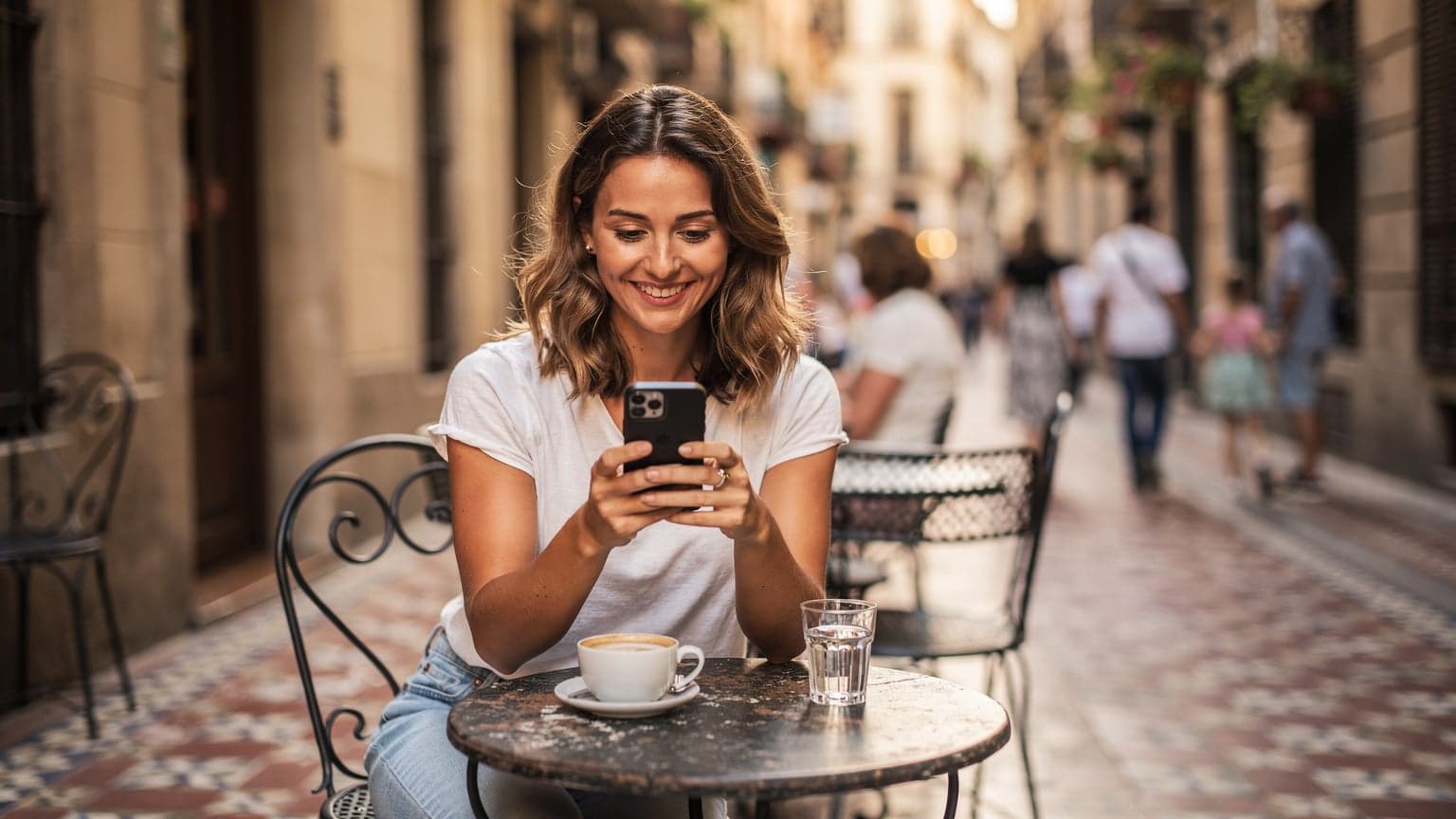 Eine junge Frau sitzt entspannt in einem Café im Viertel Gràcia in Barcelona, sie hält ihr Smartphone in der Hand und schaut auf den Bildschirm, während im Hintergrund das bunte Treiben auf einer belebten Straße zu sehen ist.