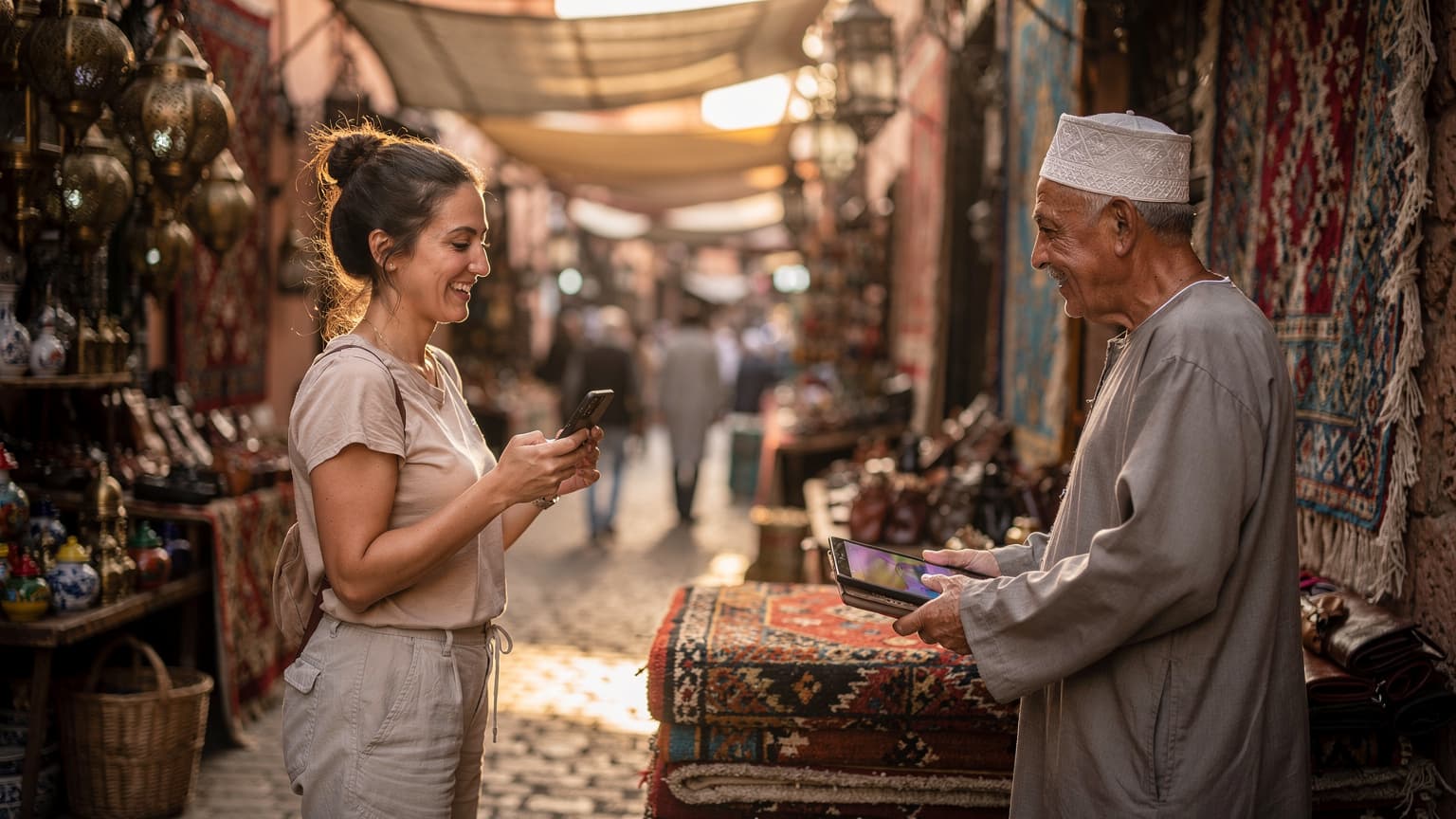 Une femme souriante, les cheveux relevés, tenant un smartphone à deux mains et montrant l'écran à un vendeur de tapis traditionnel dans un souk animé de Marrakech, le soleil de fin d'après-midi filtrant à travers les toiles.