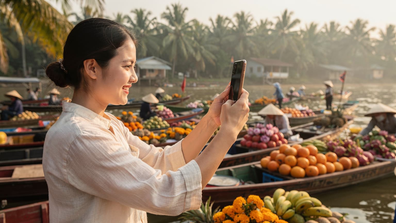 Một phụ nữ trẻ đang mỉm cười, giơ điện thoại chụp ảnh những chiếc thuyền đầy hoa và trái cây trên chợ nổi Cái Răng vào buổi sáng sớm, ánh nắng vàng dịu hắt qua những hàng cây dừa xanh mát.