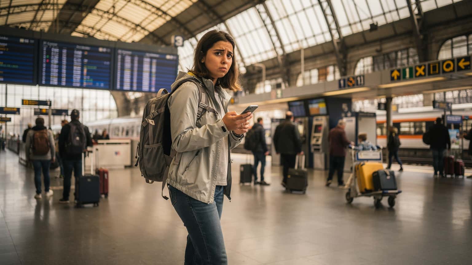 Una mujer joven con una mochila, consultando su teléfono inteligentemente en una concurrida estación de tren en Bruselas, Bélgica, con carteles de horarios de trenes detrás de ella.