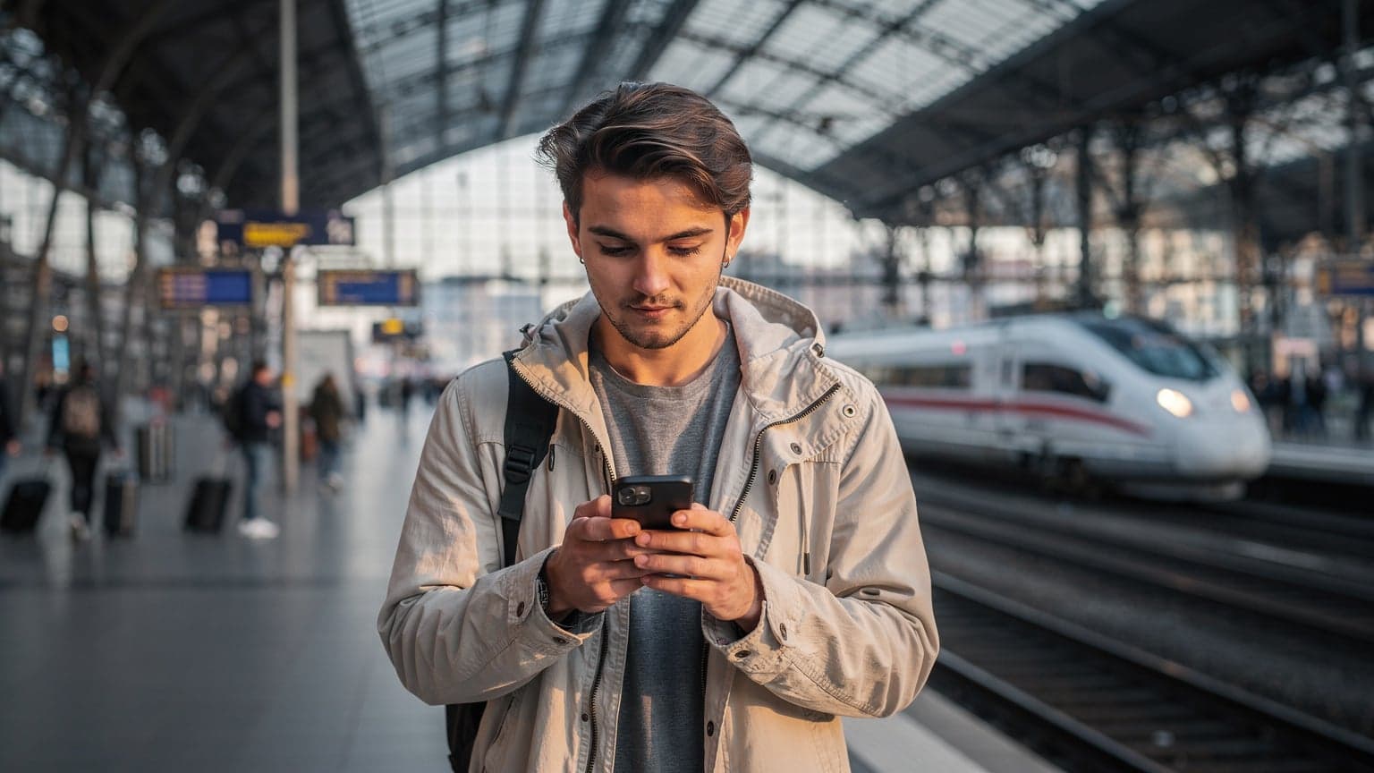 A traveler looking at their phone with a thoughtful expression while sitting on a train platform in a bustling European city, with a backpack by their side.