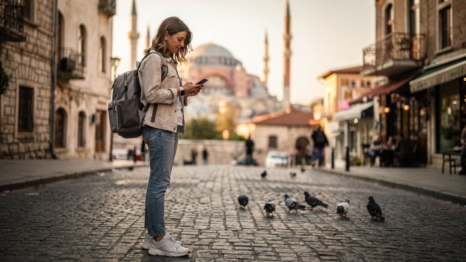 A tourist stands in front of the historic Hagia Sophia in Istanbul, looking at their smartphone with a serene expression, holding a small travel bag.