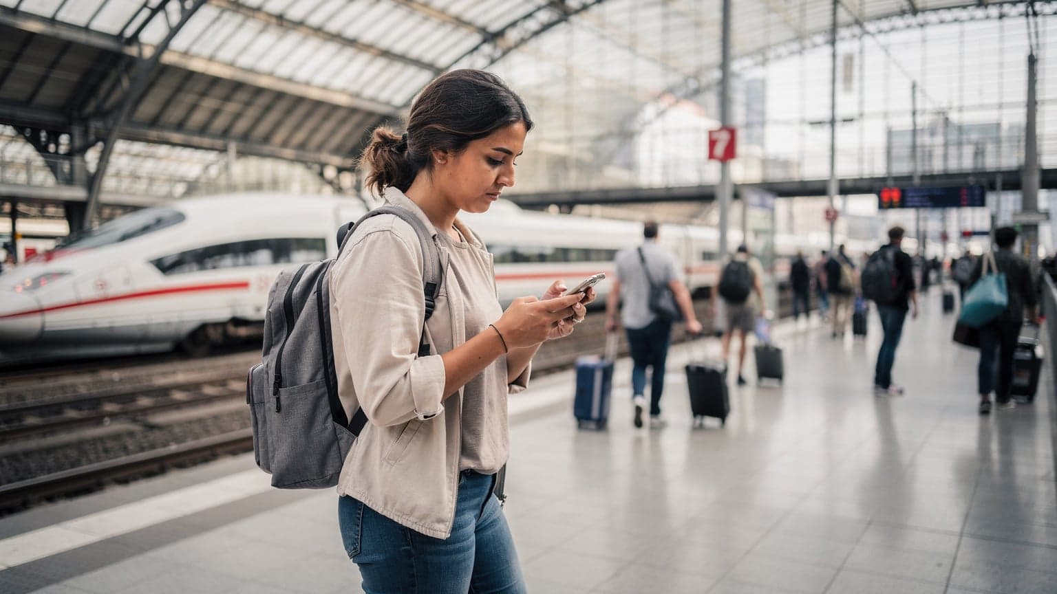 A traveler, sitting on a bench at a bustling train station in Berlin, Germany, intently looking at her iPhone screen while holding a small backpack.