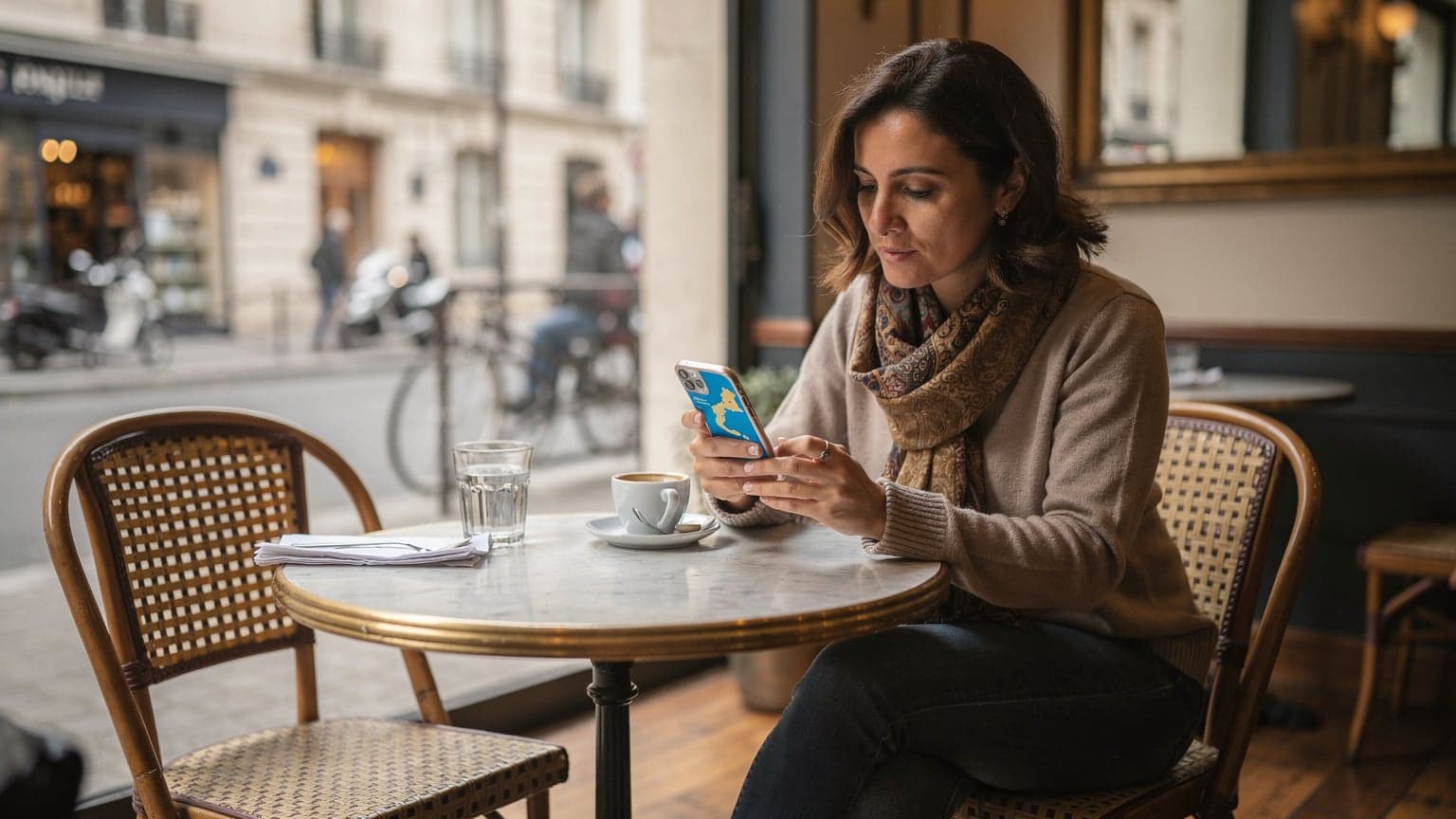 A woman sitting in a Parisian cafe, looking at her phone with a map of Indonesia displayed, planning her trip while sipping coffee.