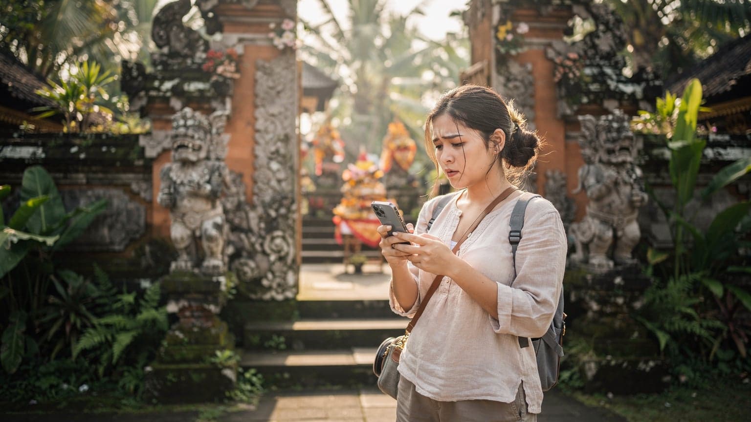 A traveler checks their phone for signal strength near a traditional Balinese temple, with lush green foliage in the background.