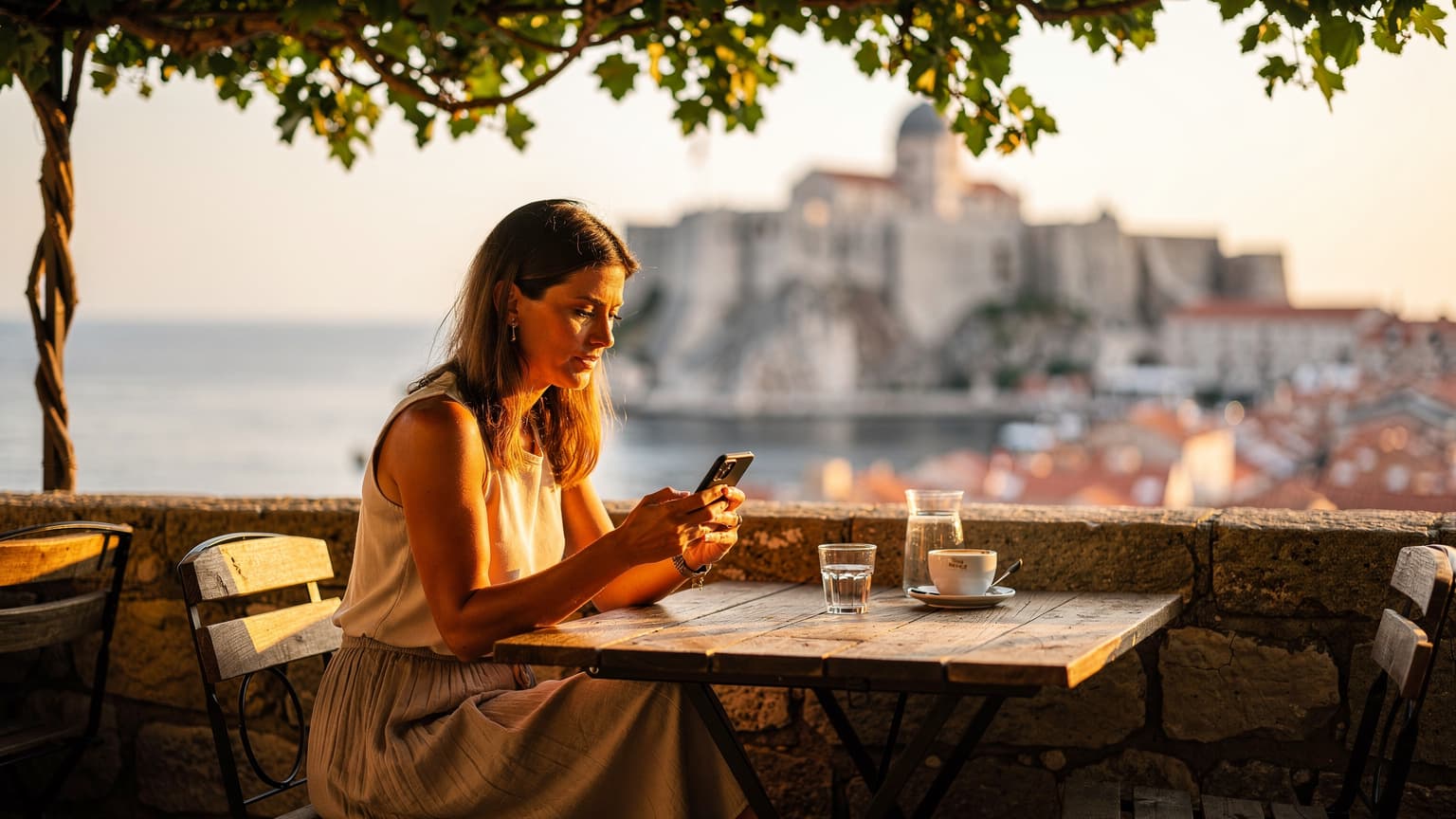 Eine Frau in ihren Dreißigern sitzt an einem Holztisch in einem Café mit Blick auf die Adria in Dubrovnik, Kroatien, ihr Smartphone in der Hand, während sie auf die Details einer eSIM-Bestellung schaut.