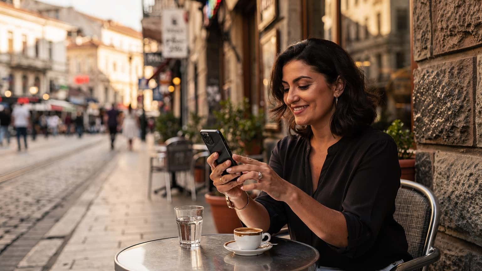 O femeie zâmbește în timp ce privește ecranul telefonului său cu o cafenea turcească aglomerată din cartierul Karaköy din Istanbul în fundal.