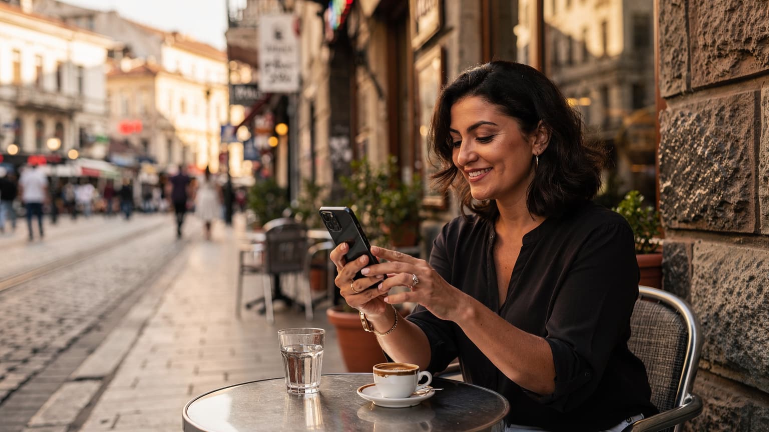 O femeie zâmbește în timp ce privește ecranul telefonului său cu o cafenea turcească aglomerată din cartierul Karaköy din Istanbul în fundal.