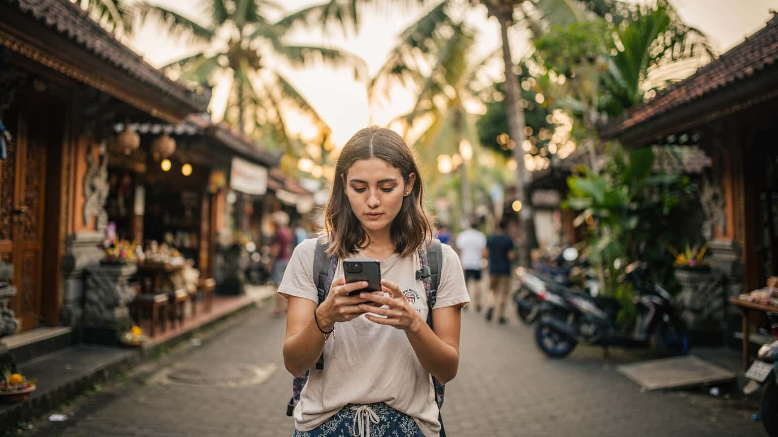 A woman checking her phone on a bustling street in Ubud, Bali, with traditional Indonesian architecture in the background.