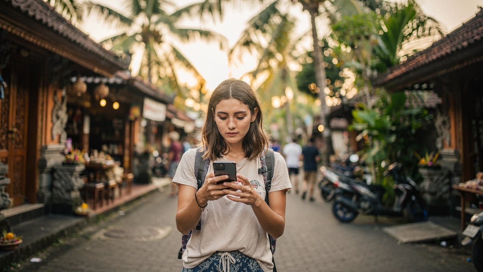 A woman checking her phone on a bustling street in Ubud, Bali, with traditional Indonesian architecture in the background.