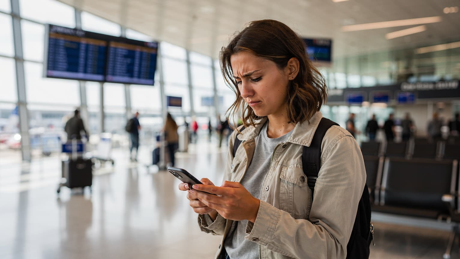 Une voyageuse regardant son téléphone à l'aéroport Charles de Gaulle, avec des valises à roulettes à ses pieds et des panneaux d'embarquement en arrière-plan.