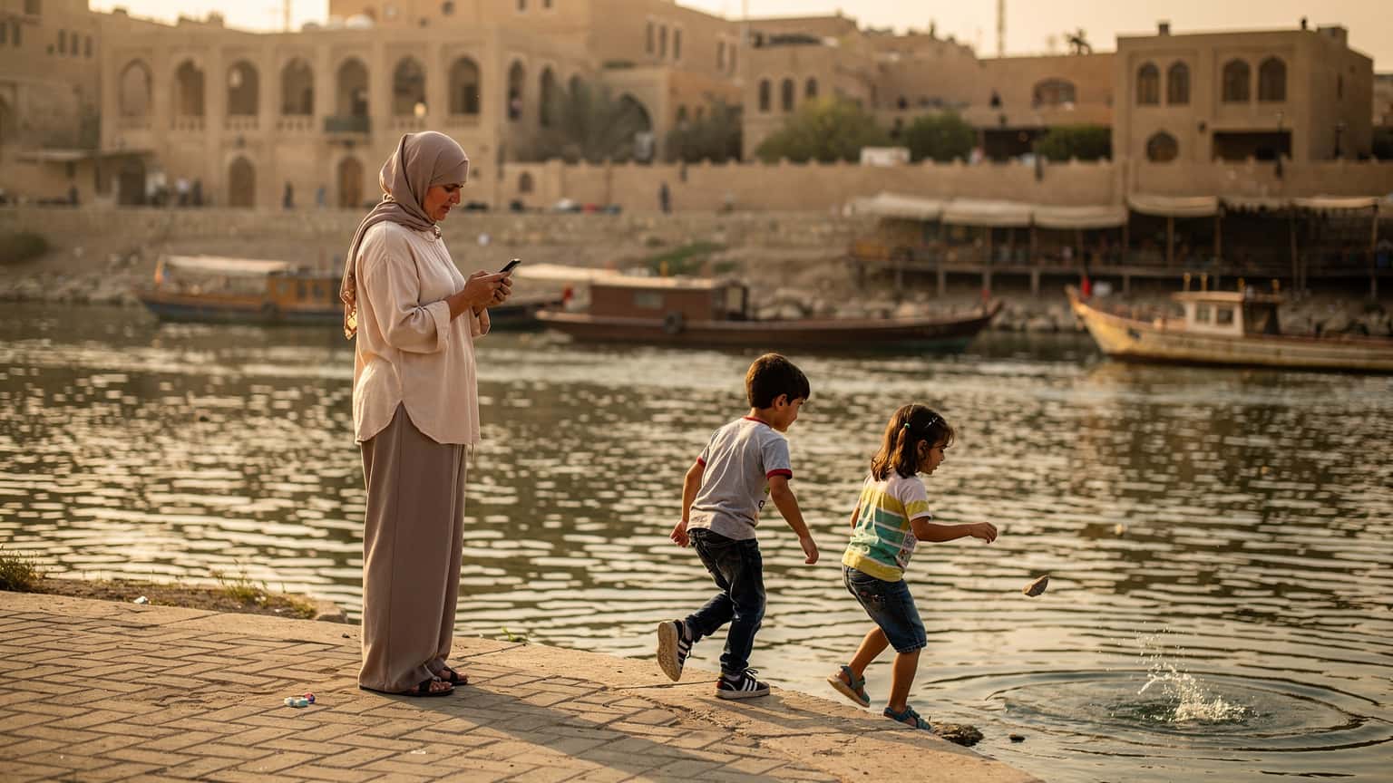 امرأة تحمل هاتفًا ذكيًا وتراقب طفليها يلعبان بالقرب من ضفة نهر دجلة في بغداد، مع مبانٍ تاريخية في الخلفية، تعكس أجواء المدينة الهادئة.