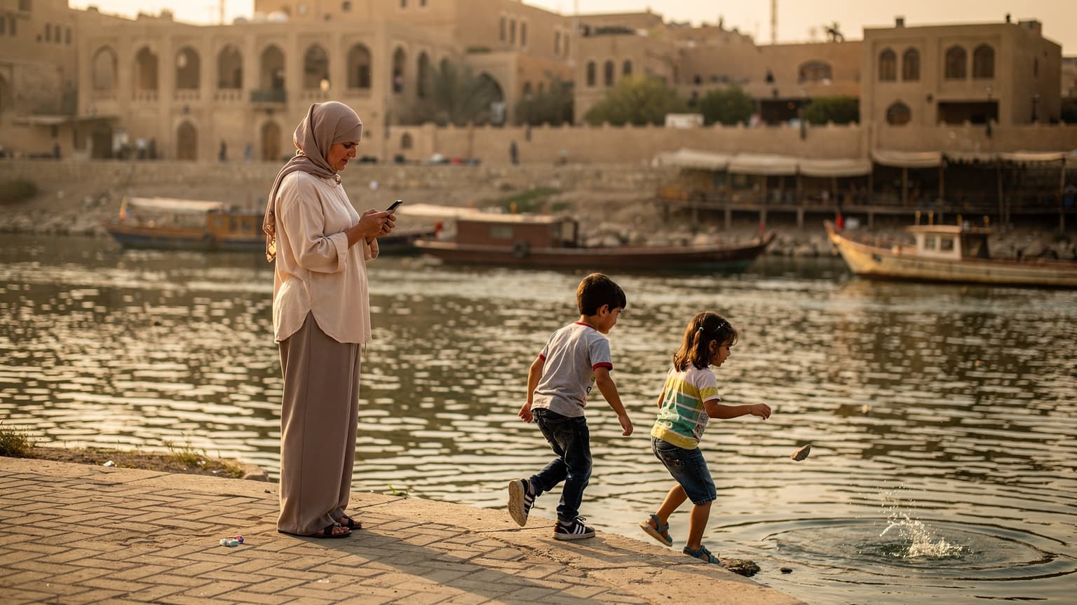 امرأة تحمل هاتفًا ذكيًا وتراقب طفليها يلعبان بالقرب من ضفة نهر دجلة في بغداد، مع مبانٍ تاريخية في الخلفية، تعكس أجواء المدينة الهادئة.