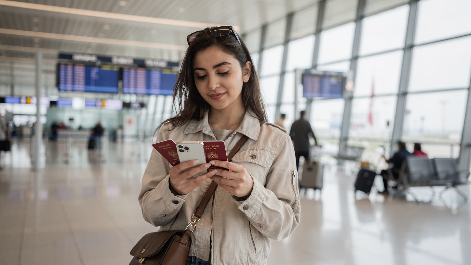 İstanbul Havalimanı dış hatlar terminalinde, bir genç kadın akıllı telefonunda eSIM kurulum adımlarını kontrol ediyor, elinde pasaportu var.