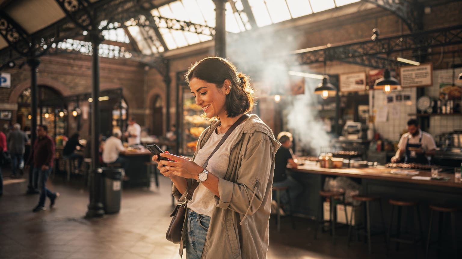 Una viajera sonriente en el Mercado del Puerto de Montevideo, sosteniendo su teléfono con una mano mientras revisa un mapa digital.