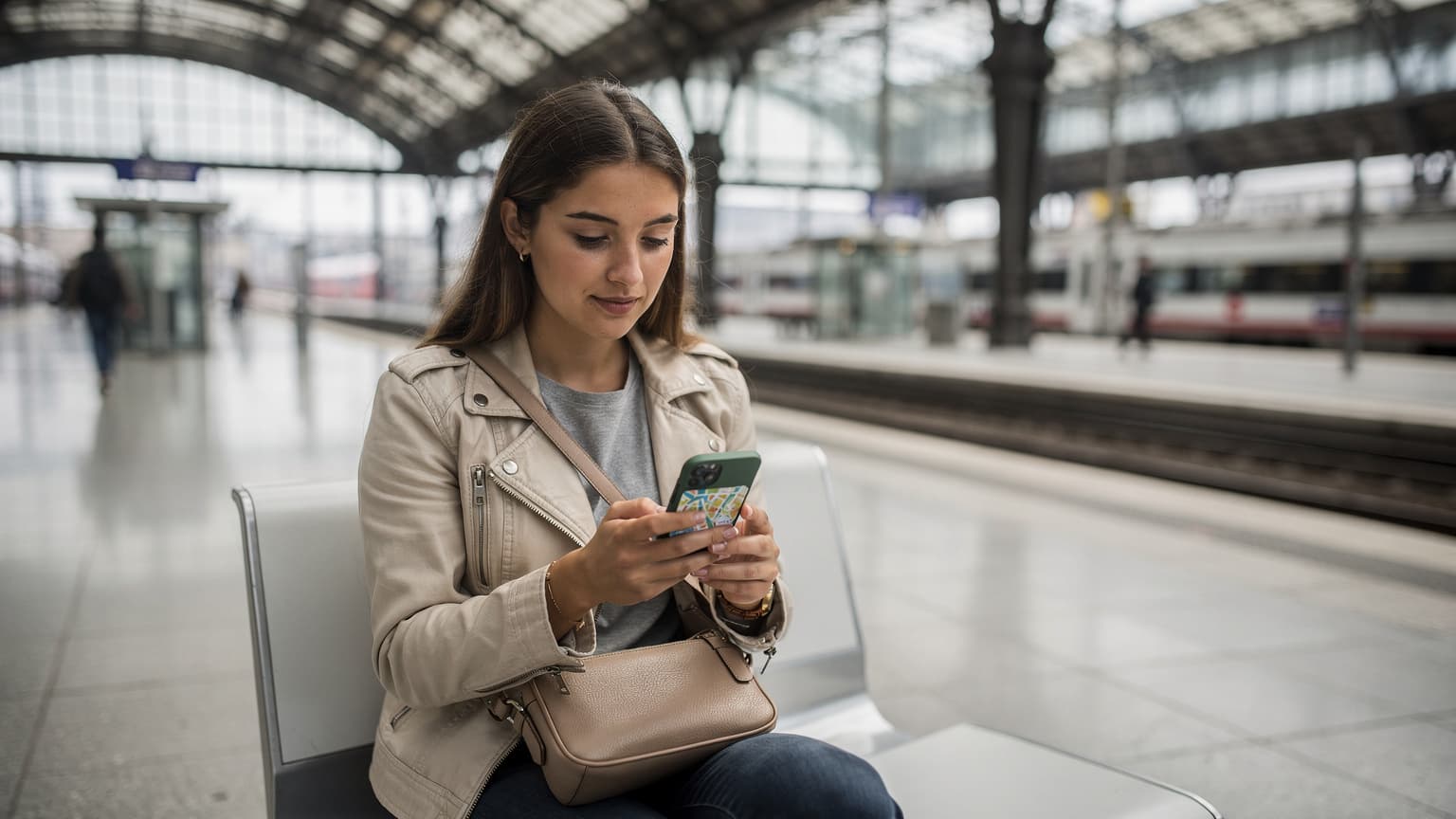 O tânără călătoare verifică harta pe telefonul său, stând pe o bancă într-o stație de tren modernă din Europa Centrală, bagajul lângă ea.