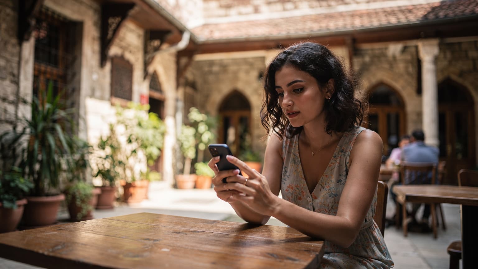 İstanbul'daki tarihi bir hanın avlusunda, elinde akıllı telefonuyla eSIM.io uygulamasını kullanan genç bir kadın.
