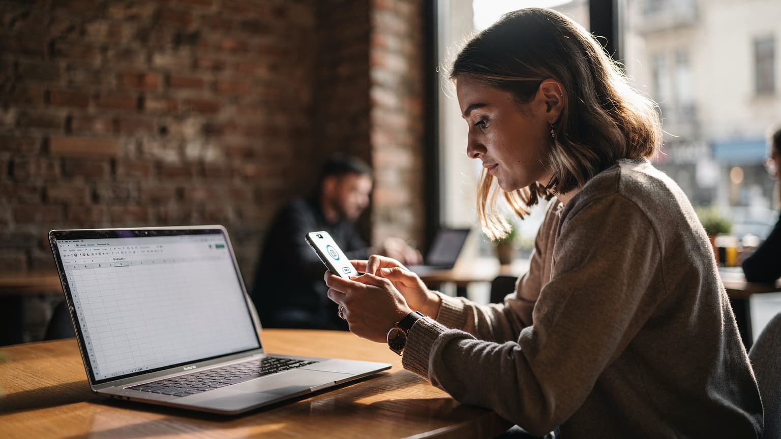 Eine Frau sitzt in einem Café in Belgrad, Serbien, mit einem Laptop und einem Smartphone auf dem Tisch, während sie eine eSIM einrichtet.