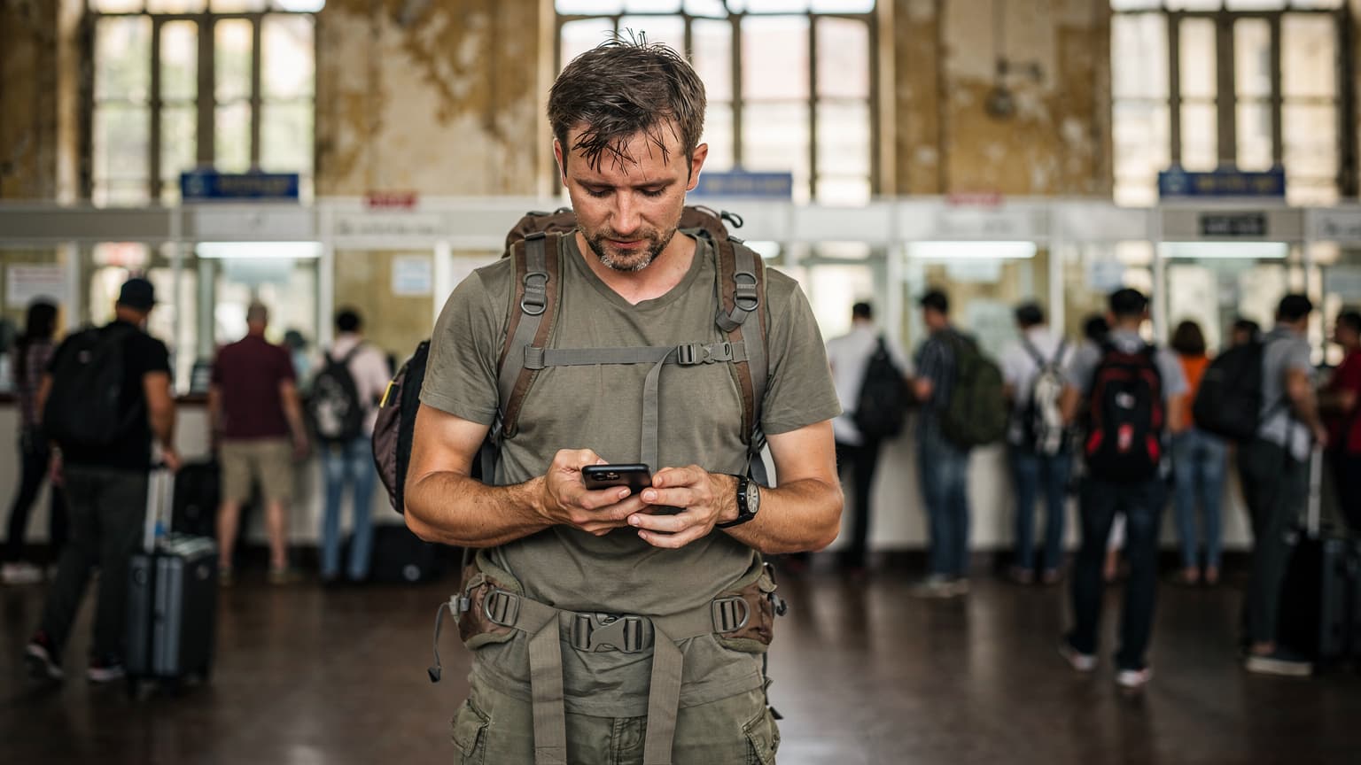 Un viaggiatore attento al budget controlla il suo smartphone mentre attende in una caotica stazione ferroviaria di Hanoi, con zaino in spalla e un'espressione concentrata.