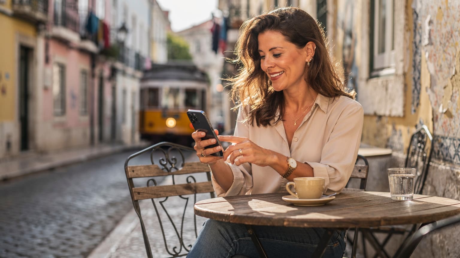 Une femme souriante consulte son téléphone avec une eSIM activée sur une terrasse de café animée dans le quartier de l'Alfama à Lisbonne, baignée par la lumière du matin.