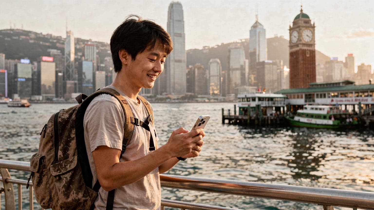 一位年轻的中国背包客在香港维多利亚港旁,手持智能手机,屏幕上显示着信号满格的界面,背景是繁忙的城市天际线和天星小轮码头。