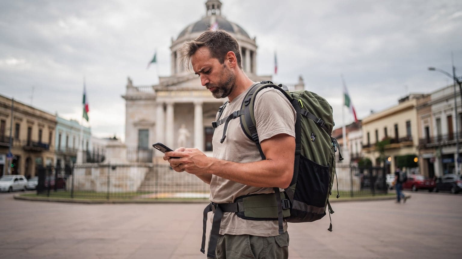 Un viajero revisando su teléfono móvil en la Plaza de los Héroes en Asunción, Paraguay, con el Panteón Nacional de los Héroes al fondo, bajo un cielo parcialmente nublado.
