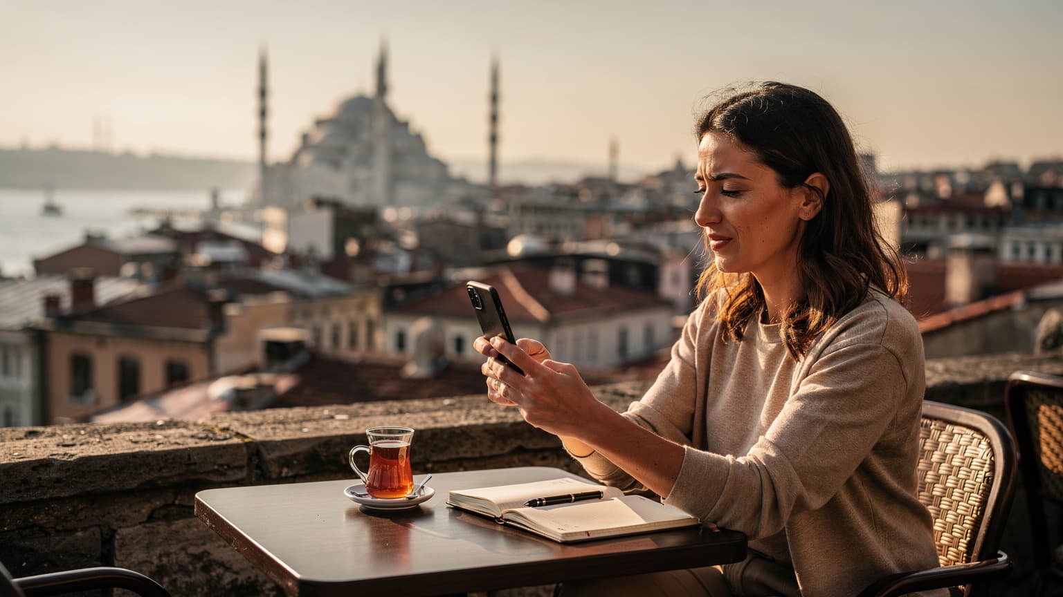 O femeie stă la o masă pe acoperișul unei clădiri din Istanbul, uitându-se la Bosfor și folosind un telefon mobil cu o conexiune eSIM activă.