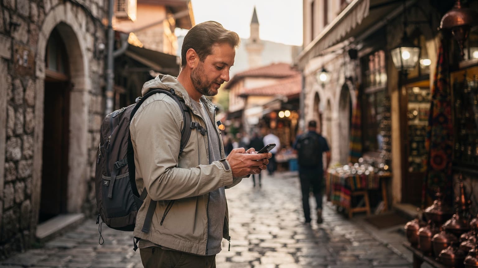Ein Reisender navigiert mit einem Smartphone in der Hand durch die belebten Straßen des Alten Basars in Skopje, Nordmazedonien, im warmen Licht des späten Nachmittags.