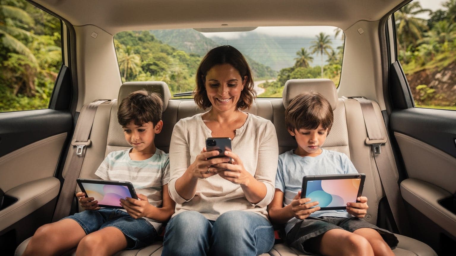 Una madre sonriendo mientras sus dos hijos, uno de unos 8 años y otro de 11, están absortos en sus tabletas en el asiento trasero de un coche familiar en movimiento, con un paisaje montañoso tropical asomando por la ventana.