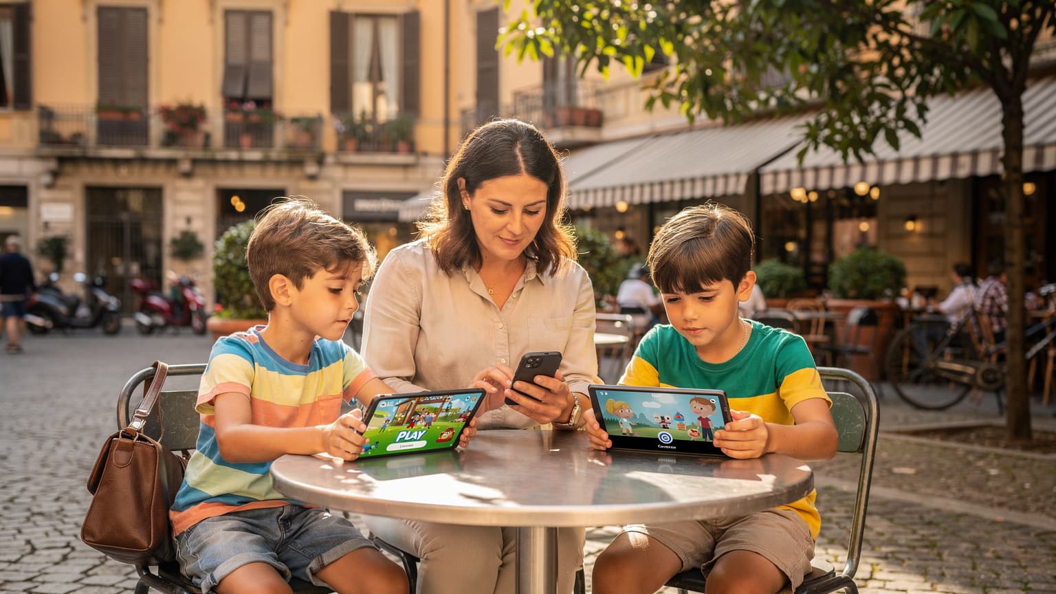 Una madre e due bambini piccoli seduti a un tavolo in un caffè all'aperto a Milano, la madre tiene in mano uno smartphone con un'eSIM mentre i bambini giocano con i loro tablet, il sole pomeridiano filtra tra gli alberi.