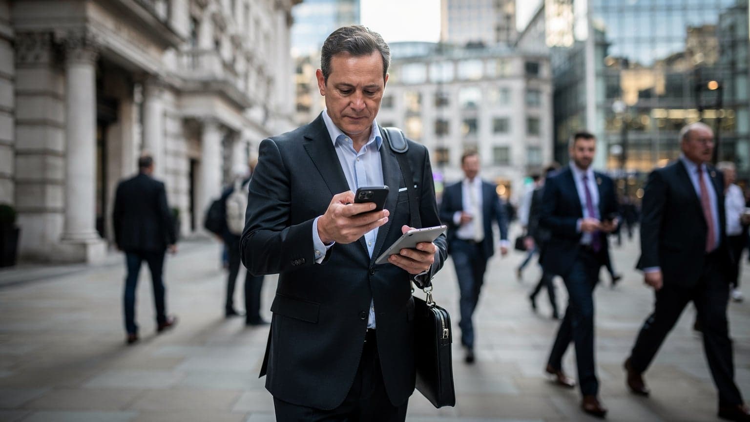 A seasoned business traveler in a sharp suit checking his smartphone for directions on a bustling street in London's financial district, with the iconic Gherkin building visible in the background, under soft morning light.