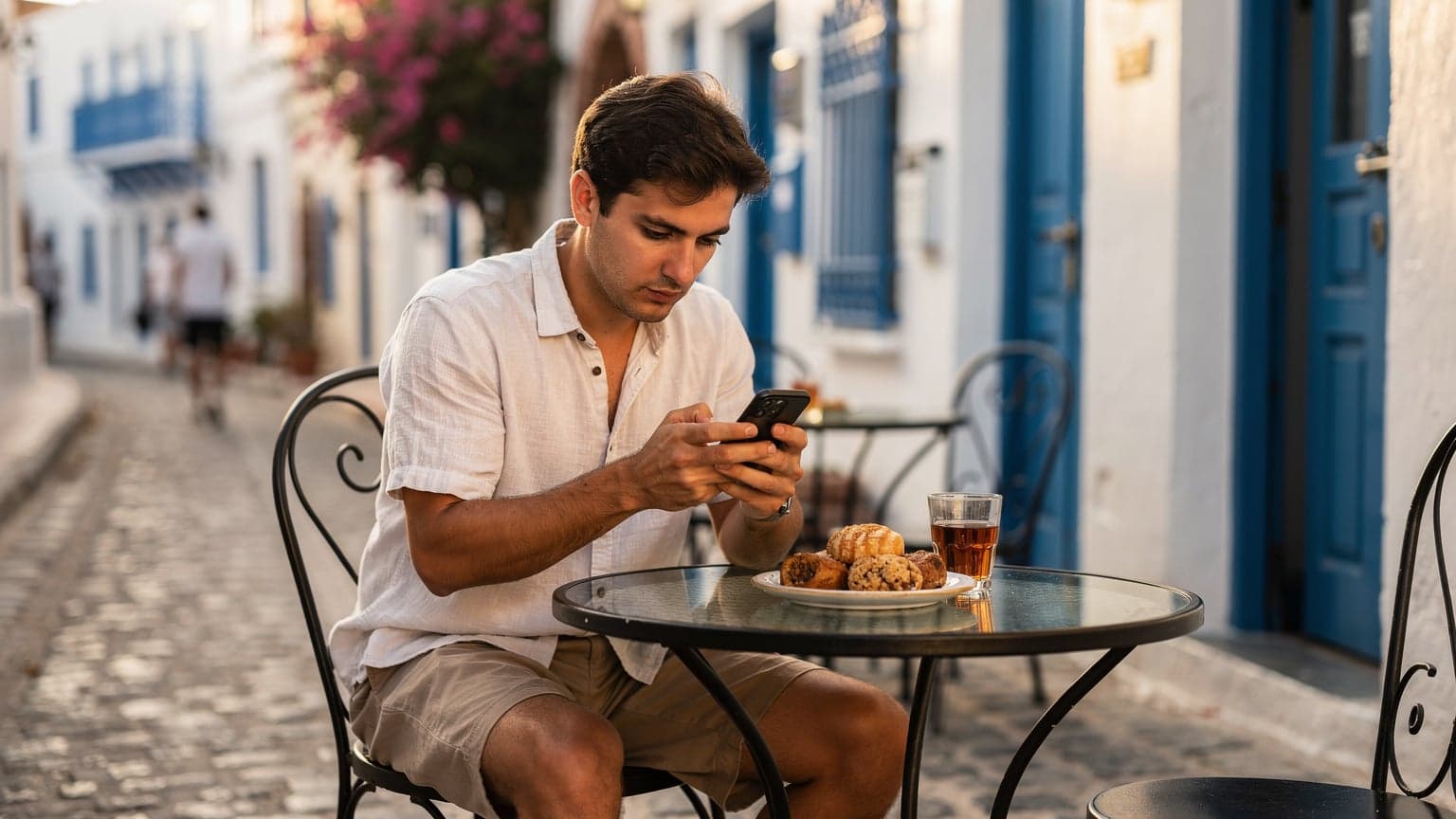 Un voyageur consulte son smartphone, affichant la page d'activation d'une eSIM, dans un café traditionnel à Sidi Bou Saïd, en Tunisie, avec des façades blanches et bleues en arrière-plan.