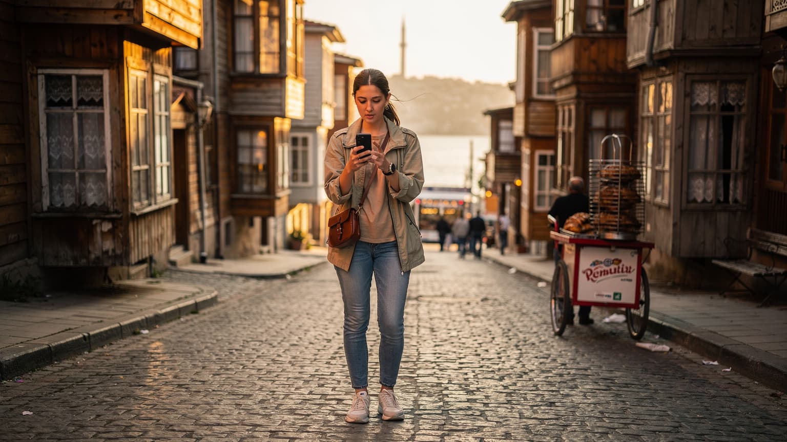 İstanbul'da tarihi bir sokakta, elinde akıllı telefonuyla eSIM hız testi yapan bir genç kadın.