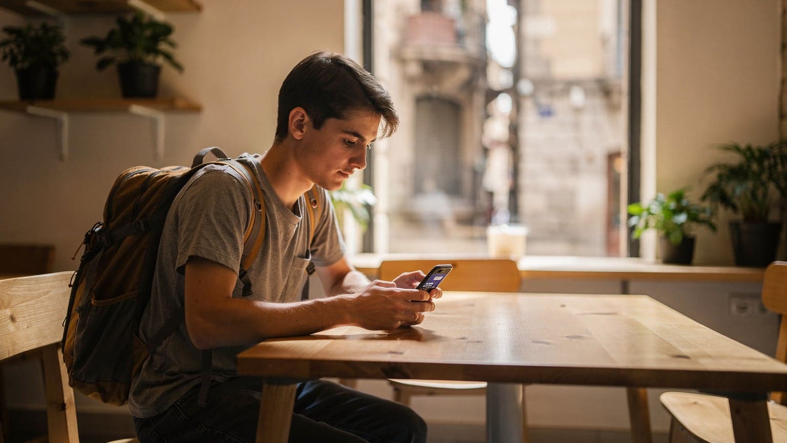 Un tânăr backpacker român verifică ecranul telefonului său compatibil eSIM într-un hostel modern din Barcelona, cu rucsacul alături.