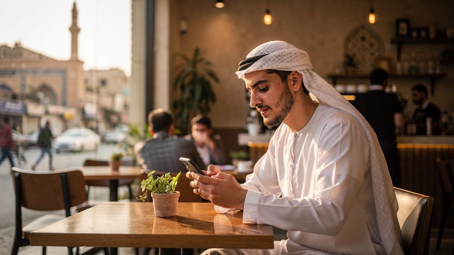 شاب عربي يتفحص هاتفه الذكي داخل مقهى مزدحم في بغداد، حيث تظهر مئذنة الجامع في الخلفية من خلال النافذة.