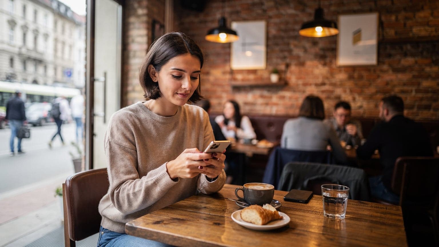 Eine Frau in einem Café in Sarajevo, Bosnien-Herzegowina, schaut auf ihr Smartphone, während sie eine eSIM auf ihrem Gerät einrichtet.